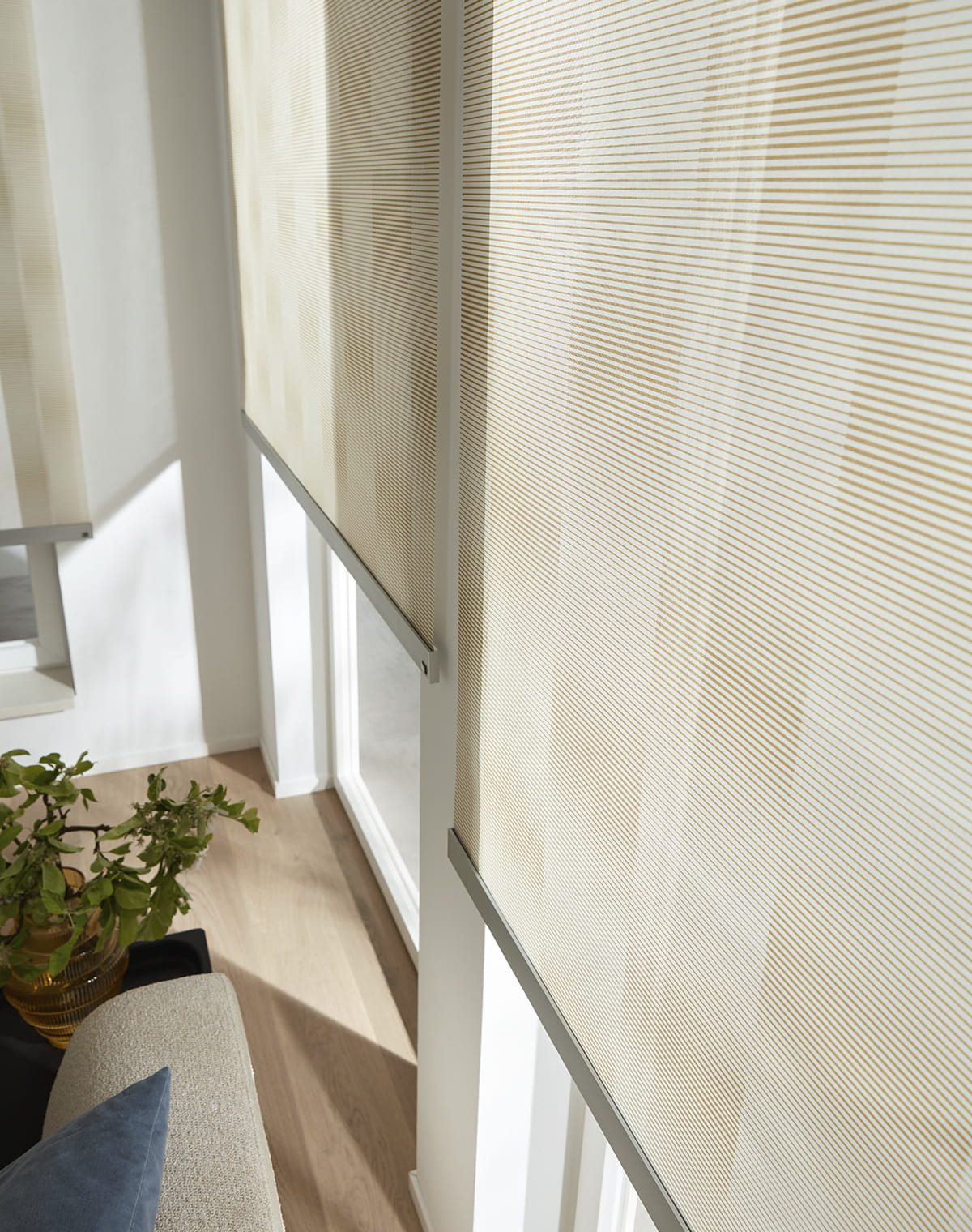 Karrierte Rollos in beige am Fenster